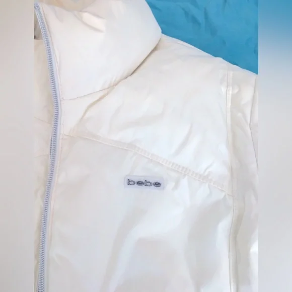 EUC Y2K Bebe crisp white fitted down puffer jacket with silver lining. - Picture 3 of 15